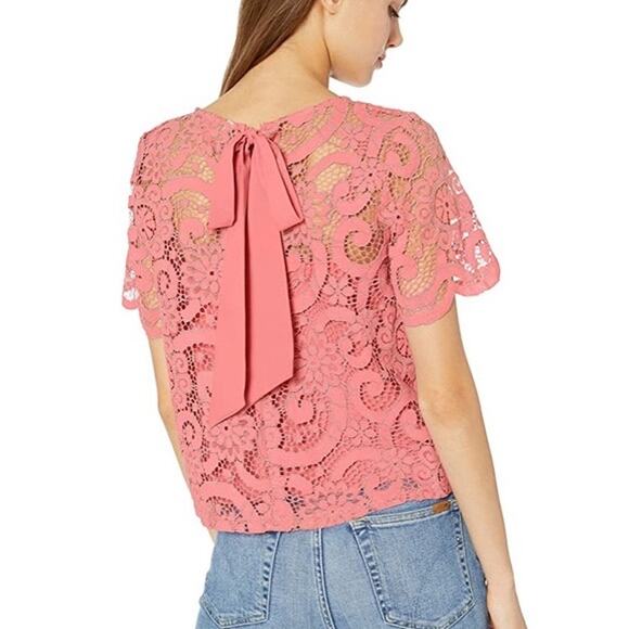 NWOT NANETTE LEPORE Top S Pink Lace Underlay Slip Bow Tie Back Short Sleeve - Picture 1 of 9